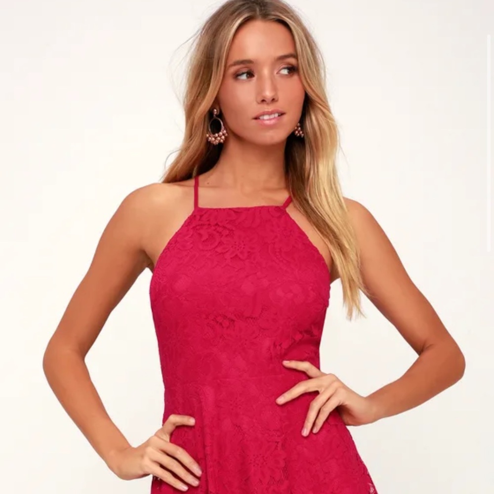 Lulus Raise A Glass Fuchsia Lace Skater Dress Pink - Size M